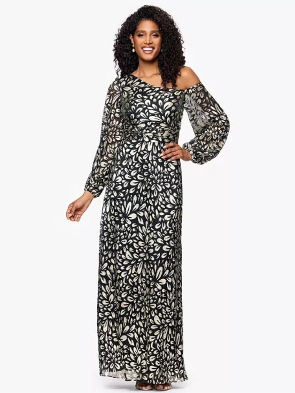 Betsy & Adam Metallic One Shoulder Long Dress Size 6 NWT $200 Wedding Guest